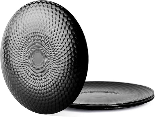 10.5 inch Dinner Plate Set of 6, Light and Durable Opal Glass Black Geometric Faceted Dinnerware Plates, Dishwasher and Microwave Safe