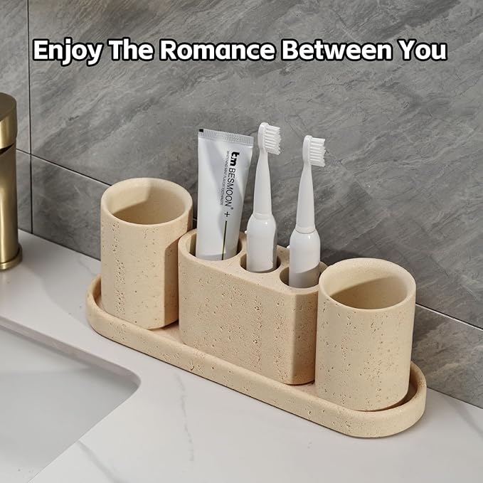 Bathroom Accessories Set, 4 pcs Toothbrush Holders Set Included 3 Slots Electric Toothbrush and Toothpaste Holder Stand, 2 Tumblers & Tray for Bathroom Countertop Sink Modern Decor (Yellow)