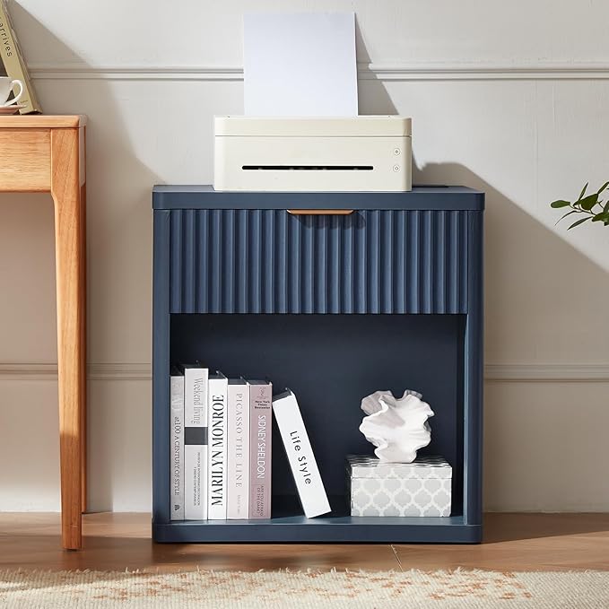 LEYAOYAO Fluted Farmhouse Nightstand Set of 2 with Charging Station, 23" Wide 1 Drawers Night Stand,Blue Dresser for Bedroom,Bed Side Table Chest of Drawers,Wood End Table for Living Room