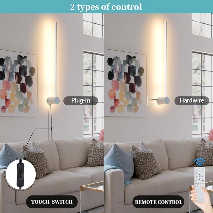 Modern LED Plug in Wall Sconces Set of Two,Chrome Dimmable 23.6" Wall Lighting,Bathroom Vanity Light Fixtures,Metal Wall Lamps with Memory Function for bathrooms,bedrooms,Living Rooms,Hallway