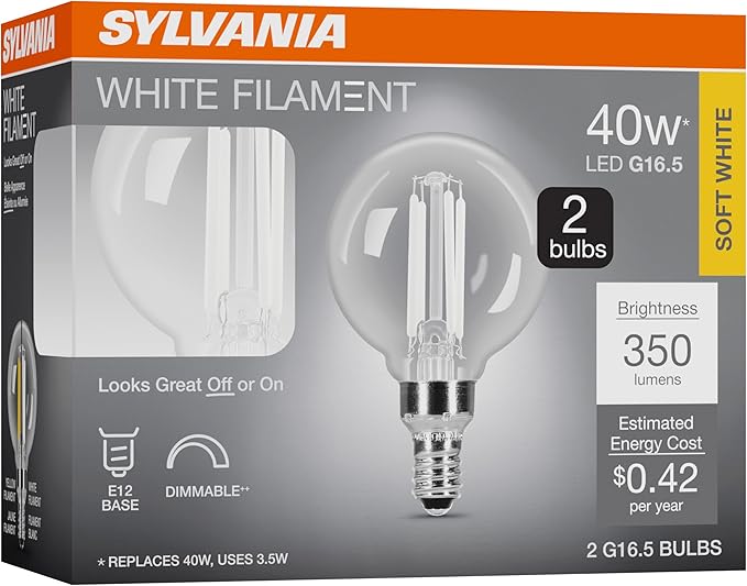 Sylvania G16.5 Clear Globe LED White Filament Bulb, 3.5W, Dimmable, 350 LMS, Candelabra Base, 2700K, Soft White - 2 Pack (42243)