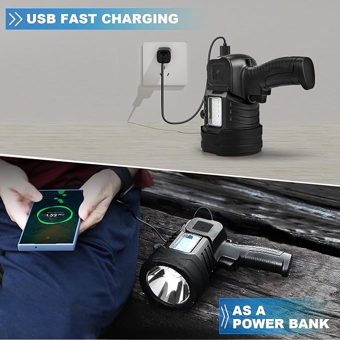 Rechargeable Spotlight Flashlight, 90,000 Lumens Super Bright Spotlight Outdoor with Cob Light & USB Output, Lightweight Handheld Led Spot Light for Hunting Boating Camping