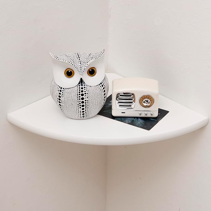 Corner Shelf, White Solid Oak Wood Floating Corner Shelves Wall Mount Round End Floating Speaker Rack Display Shelf for Small Plant Photo Frame (White, 7in)