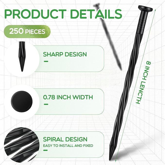 Handepo 250 Pcs 8 Inch Landscape Edging Spikes Plastic Lawn Stakes Anchoring Nails Spiral Nylon Garden Ground Lawn Artificial Nails for Paver Edging Weed Barriers Tent Construction(Black)