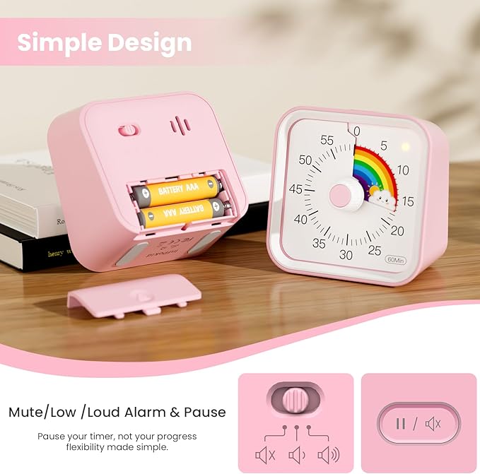 Visual Timer with Pause Function, 60 Minute Countdown, Pomodoro Timer for Kids, Productivity Timer, Time Management for Kitchen Cooking, Study, Teaching, Office Meetings (Rainbow Pink)