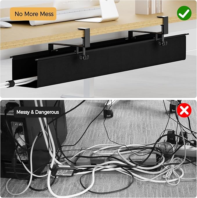 Under Desk Cable Management Tray 39.7" - No Drill Computer Wire Organizer Cable Tray, Fabric Cord Hider Clamp Mount, with 16X Cable Ties PC Cables Management Cord Holder for Office/Home (Black)