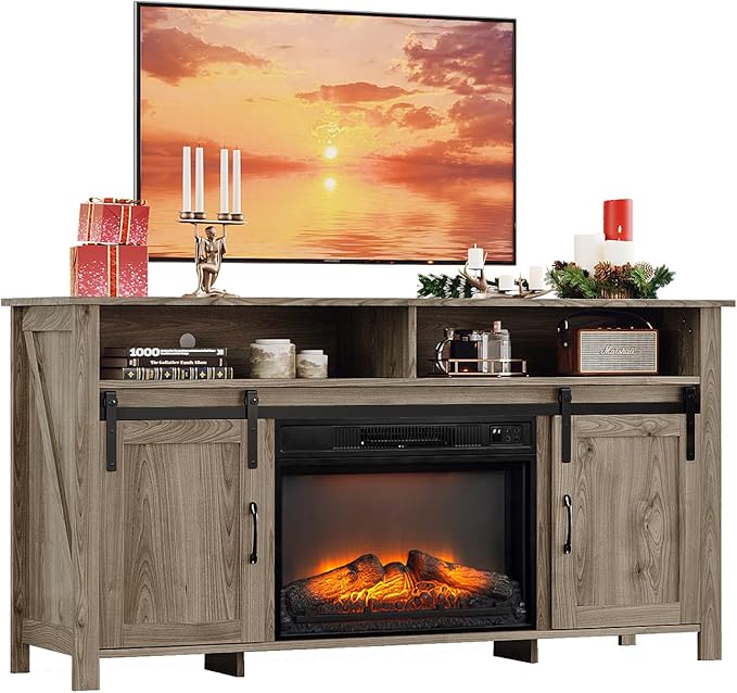 VINGLI Fireplace TV Stand with Sliding Barn Door for 70 Inch TV, Farmhouse Entertainment Center with 23" Fireplace, Fireplace Media Console Table with Storage Cabinets for Living Room, Gray Oak