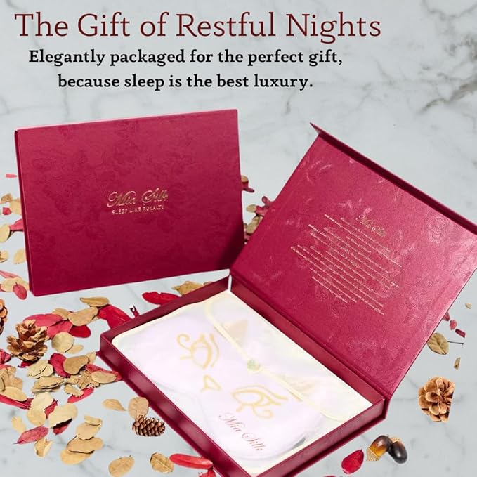 Silk Sleep Mask Blindfold Eye Mask for Sleep Cute Cat Print Embroidered Eye Cover Adjustable Oversized Egyptian Bastet with Gift Box&Pouch（Hathor Blush-Elastic Strap）