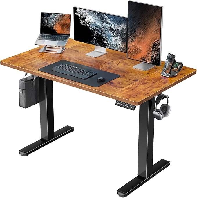 HUANUO 48 x 24 inch Electric Standing Desk, Height Adjustable Table with Headphone Hooks & Cable Manager, Sit to Stand up Desk for Home Office, Vintage Brown