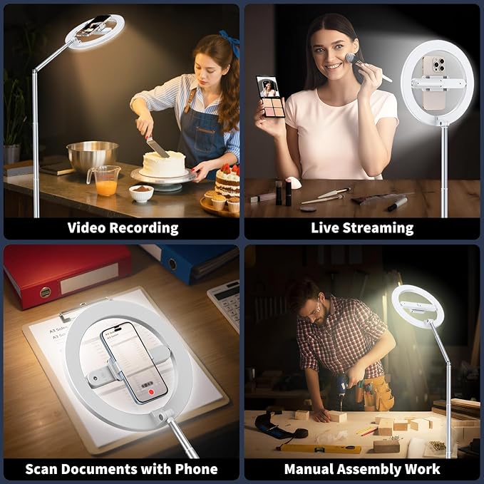 yAyusi 68.5" Overhead Phone Mount with Ring Light for iPhone, 3000mAh 360° Rotation Foldable Rechargeable Ring Light Phone Holder for Video Recording, Photography, Live Streaming, TikTok, YouTube