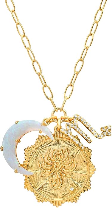 Gold Zodiac Sign Embossed Coin Opal Crescent Moon Charm Necklace for Women Trendy 18K Gold Plated Retro Paperclip Chain 12 Constellation Horoscope Necklaces Astrology Jewelry Gifts