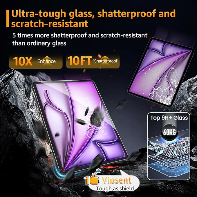 2-Pack Glass Screen Protector for iPad Pro 13-in.(M4) Military Shatterproof, 9H+ Hardness, Auto-Alignment Frame, Anti-Fingerprint, HD Clear, Scratch Resistant