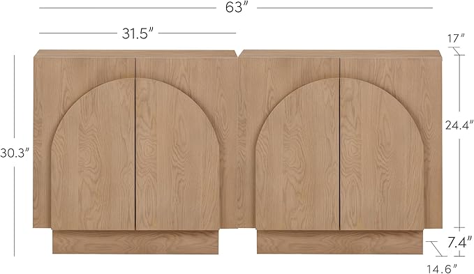 Nathan James Iris Mid-Century Modern Credenza, Brown TV Stand, Living Room Wood Storage Cabinet with Arched Cabinet Doors, Raw Oak, Set of 2