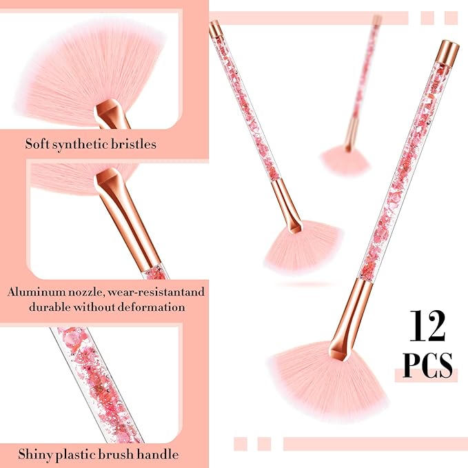 12 Pcs Fan Brushes for Facial Mask Brushes with Glitter Quicksand Handle Cosmetic Facial Fan Brushes Soft Facial Mask Brush Applicator Facial Peel Applicator Face Mask Tools with Pouch (Pink)