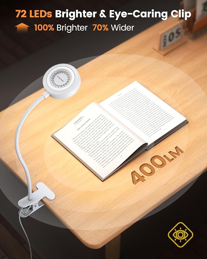 Glocusent 72 LED Clip on Lamp with Remote, Reading Light with Amer Ring Night Light, 3 Colors & 5 Dimmable Desk Lamp with Clamp, Auto-Off Timer for Night Reading, Bed Light for Headboard/Dorm/Bunk