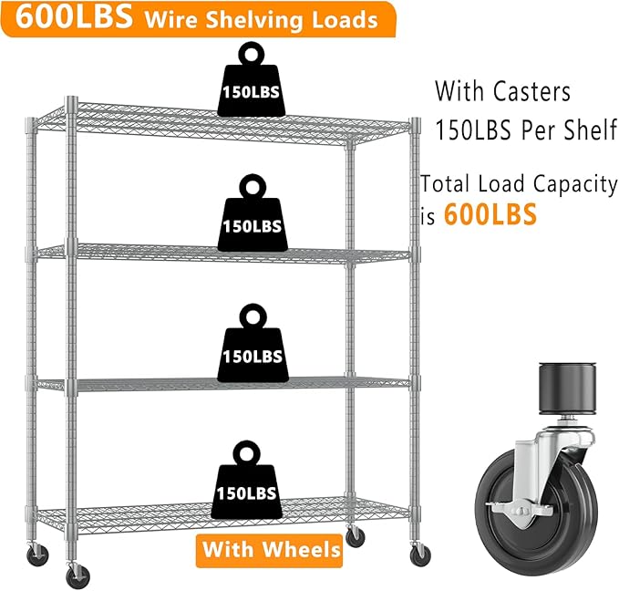 Himimi Storage Shelves 60"W Wire Shelving with Wheels 2600LBS Heavy Duty Metal Shelves for Storage, 4-Tier Adjustable Wire Rack Shelving Garage Shelving Kitchen Storage Shelves 24"Dx60"Wx72"H, Silver