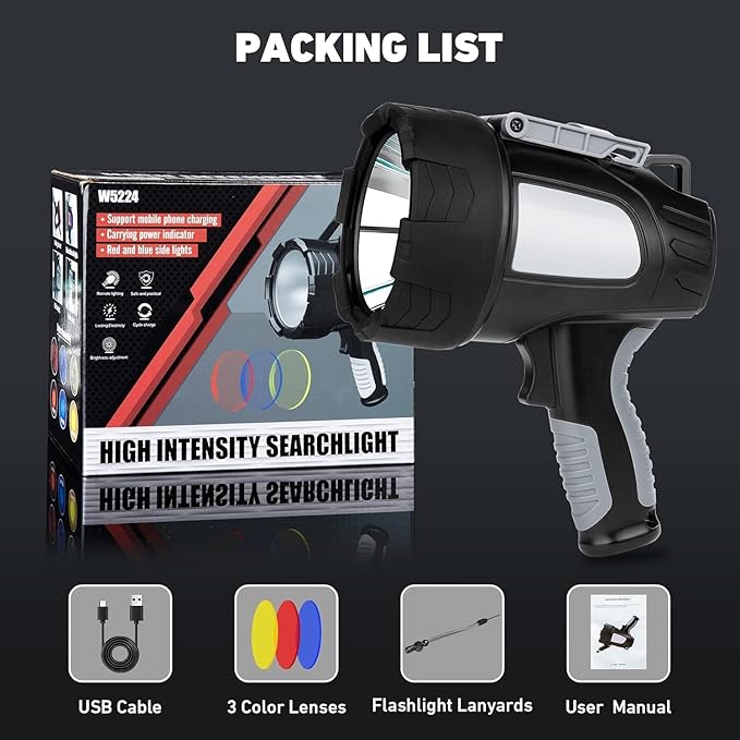 LBE Rechargeable Spotlight Outdoor, 90,000 Lumens Led Spotlight Flashlight with Cob Light and Foldable Tripod, 6 Modes Waterproof Handheld Spot Light for Outdoor Marine Boating Hµnting