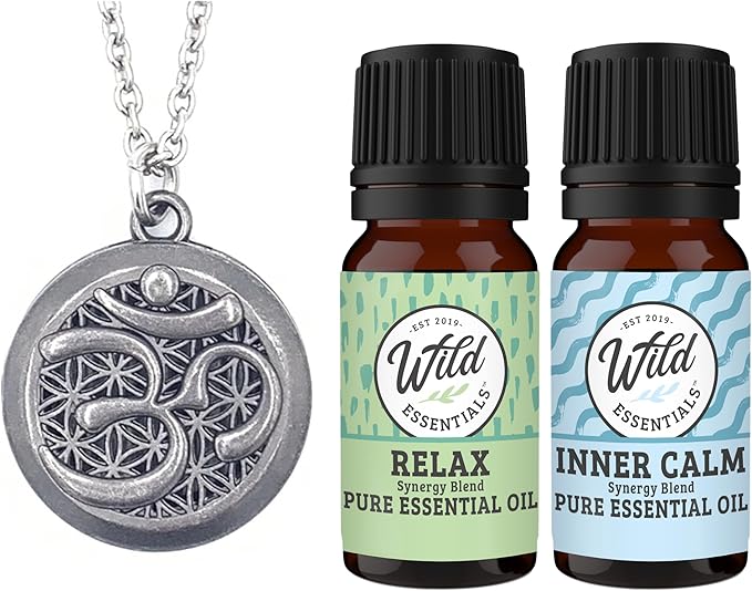 Wild Essentials Pewter Aum Essential Oil Diffuser Necklace Gift Set with Inner Calm & Relax Oils – Nickel Free Alloy Pendant with 12 Color Pads – USA Made Oils & Perfume Necklace – Family Company