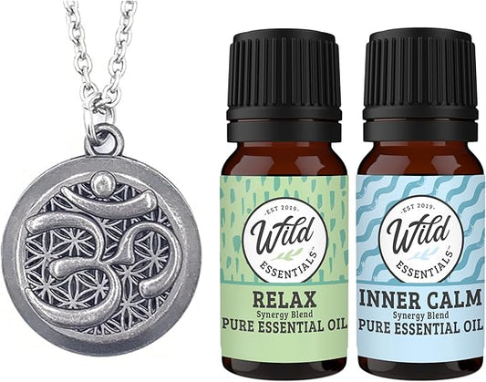 Wild Essentials Pewter Aum Essential Oil Diffuser Necklace Gift Set with Inner Calm & Relax Oils – Nickel Free Alloy Pendant with 12 Color Pads – USA Made Oils & Perfume Necklace – Family Company