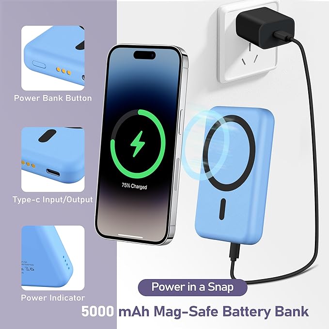 3 in 1 Wireless Charging Station: 5000mAh Removable Power Bank Charger Stand for iPhone/Apple Watch/Airpods - Portable Magnetic Battery Pack for Air 17 16 15 14 13 12 Series Blue