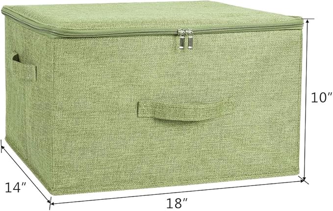 ANMINY 3PCS Storage Bins with Zipper Lids 36 Qt Lidded Fabric Storage Boxes Baskets Cubes with Handles Collapsible Washable Cotton Linen Closet Shelf Clothes Organizer Containers - Green, Large