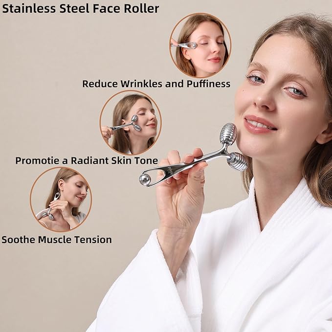 Stainless Steel Face Roller - Metal Facial Cooling Massager for Face and Eyes, Esthetician Supplies Cold Roller for Puffiness, Wrinkles, Dark Circles