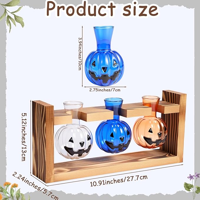 Halloween Plant Propagation Stations Plant Terrarium with Wooden Stand Hydroponics Glass Vase Planter for Halloween Home Office Garden Table Decoration(Pumpkin)