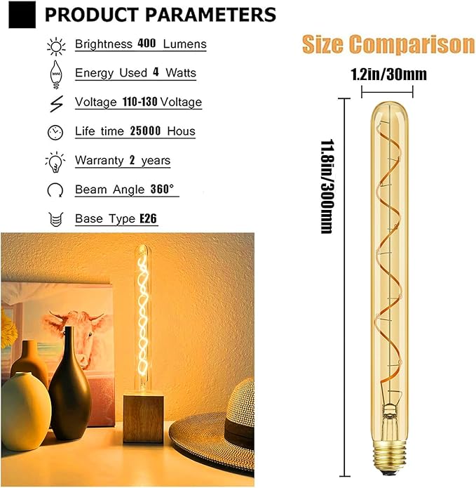Leools Vintage LED Spiral Filament Bulb T10,11.8inch Long Tubular Dimmable Edison Light Bulbs,E26 Medium Base,Amber Glass,Warm White,2200K,400LM(40W Equivalent),T30 Led Tube Bulb,Pack of 4.