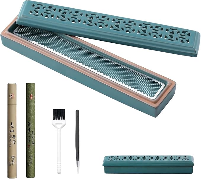 Incense Holder,Ceramic Incense Holder for Sticks with Ash Catcher,Coffin Style Incense Box,Incense Burner for Meditation Yoga Spa Room Decor(Green)