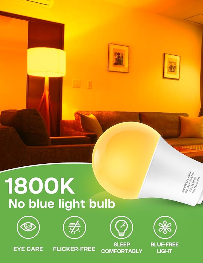 Amber Light Bulbs for Sleep: 9W Amber Warm 1800K, Blue Blocking Dim Bulbs 60W Equivalent, E26 Bulb for Mood Soothing, Bedroom and Baby Nursery Light, 2 Pack