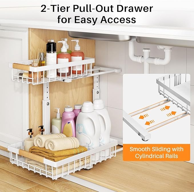 PXRACK 1 Pack Under Sink Organizer,Adjustable Height,2 Tier Pull Out Under Cabinet Organizer,Slide Out Thickened Metal Under Sink Storage for Kitchen Bathroom Laundry Cabinet Pantry,White(S)