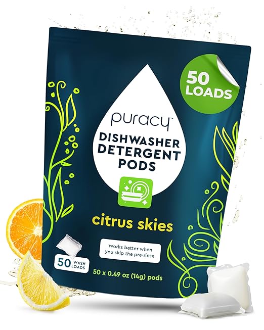 Puracy Dishwasher Pods, Natural Dishwasher Detergent, Citrus Skies Dish tabs - Enzyme-Powered, Spot & Residue Free - TikTok Trend Items, Must Haves from TikTok Made Me Buy It (Citrus Skies, 50 Count)