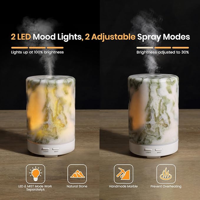 Koville 110ML Marble Essential Oil Diffuser - Ultrasonic Aromatherapy & Humidifier with 2-Color LED Lights, Decorative Marble Aromatherapy Diffuser, Auto Shut-Off, Scent for Home, Office, Yoga, Spa