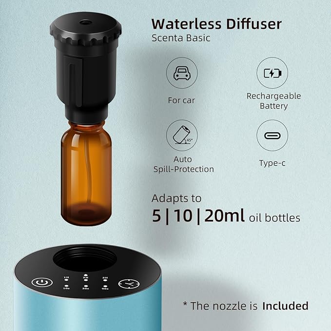 Waterless Car Diffuser for Essential Oil, Battery Operated Smart Air Freshener, Portable Mini Aromatherapy Scent Diffusers, 3 Timers & Mist Levels Cordless Nebulizer for Car Home Room Office, Blue