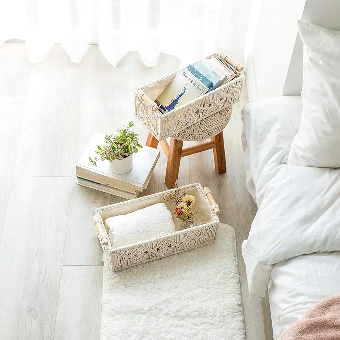 Mkono Macrame Storage Baskets Boho Decor Box Handmade Woven Decorative Countertop Toilet Tank Shelf Cabinet Organizer for Bedroom Livingroom Home, Set of 2, Ivory