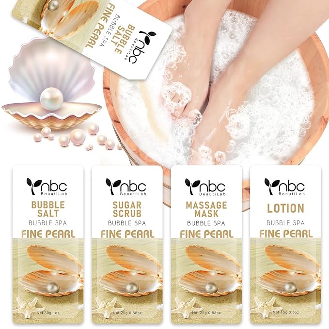 Pedicure Kit Foot Soak Set: Bubble Salt, Sugar Scrub, Massage Mask, Massage Lotion in a Box, 4 Step Foot Spa Kit for Dry Feet,Tired Feet（1 Set Pearl )