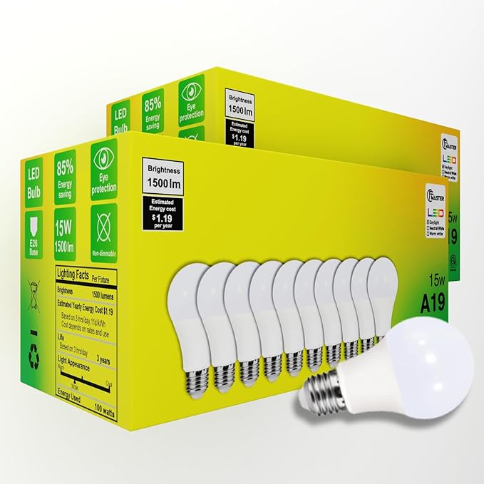 A19 LED Light Bulb, 100 Watt Equivalent LED Bulbs, 3000K Warm White, 1500 Lumens, Standard E26 Base, Non-Dimmable, 15W Super Bright Light Bulbs for Home, Office Lamp, ETL Listed(20-Pack)