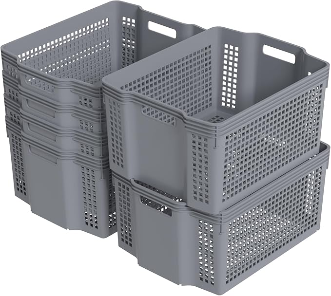 Large Plastic Stackable Basket, Stackable Storage Bins for Pantry, 6 Pack, Grey