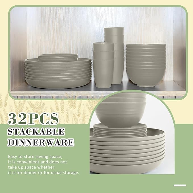 32-piece Kitchen Alternative Melamine Wheat Straw Dinnerware Sets,Unbreakbale Dishwasher Safe Kitchen Bowls and Plates Sets with Cups,Apartment Essential Dishes Set for 8.Grey Series