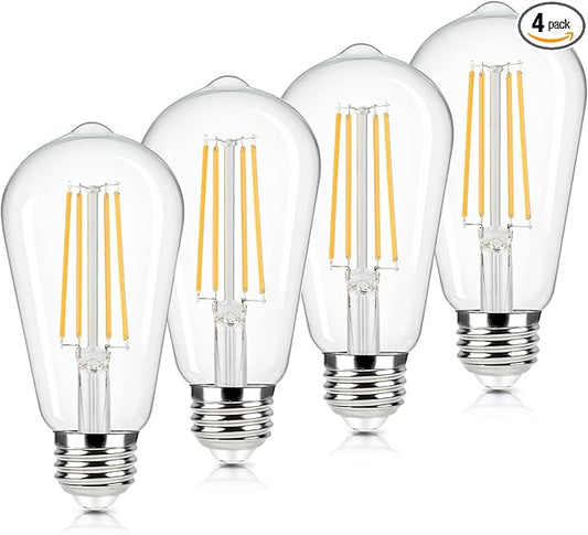 Brightever 4-Pack Vintage LED Edison Bulbs 60W Equivalent, 6W ST58 2700K Warm White Antique LED Filament Bulbs, E26 Medium Base, Clear Glass Style for Home and Commercial, Non-dimmable