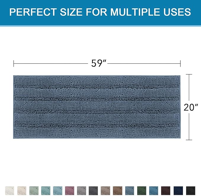 H.VERSAILTEX Bath Rugs for Bathroom Non Slip Bath Mats Thick Chenille Striped Bath Rug Runners 59" x 20" Absorbent Fluffy Soft Shaggy Mats Dry Fast Plush Area Carpet for Bath Room - Blue Indigo