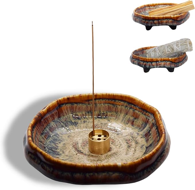 Ceramic Incense Burner Holder for Sticks, Handmade Palo Santo Holder, Incense Cone Dish Bowl for Coil, Sage Cones, Ash Catcher, Smudge Bowl for Yoga Meditation Room Décor