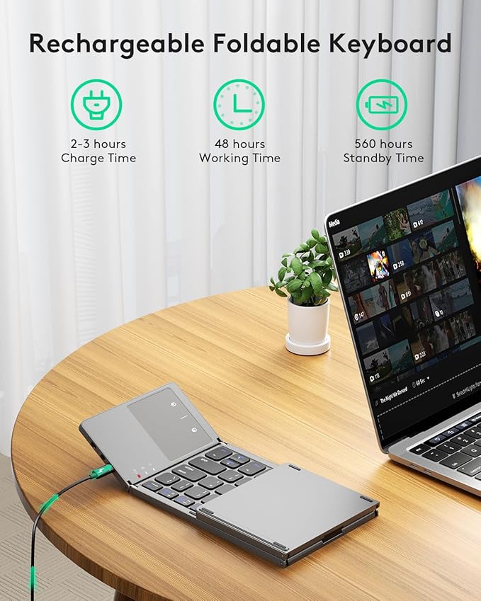 Samsers Foldable Bluetooth Keyboard with Touchpad, Portable Wireless Keyboard with Stand Holder, Rechargeable Full Size Ultra Slim Pocket Folding Keyboards for Android Windows IOS Tablet & Laptop-Gray