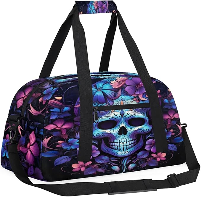 Sports Duffle Bags Travel Duffle Bag Gym Bag Skeleton Flower Skull Weekender Travel Bag Waterproof Overnight Bag Carry On Travel Tote Bag Dance Bags