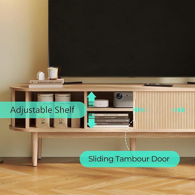 LINSY HOME 58" Fluted TV Stand for TVs up to 65 Inch, Mid Century Modern Entertainment Center with Storage Cabinet and Sliding Doors, Farmhouse Wood Media TV Console for Living Room, Bedroom, Oak