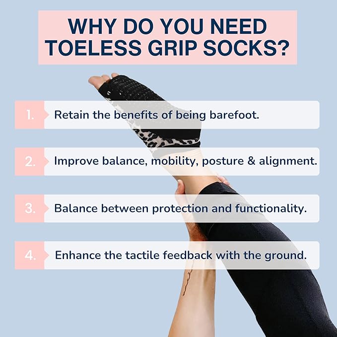 Tucketts Flow Toeless Pilates Socks with Grips for Women, Non-Slip Barre Yoga Socks for Barefoot Workouts, Sizes 5-13, 1 Pair