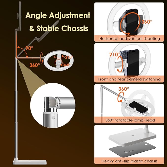 10" Ring Light with Stand, Overhead Phone Mount Holder with Adjustable Color Temperature (2800-6500K) – Phone Tripod with Light for Video Recording, Photography, Live Streaming, TikTok & YouTube