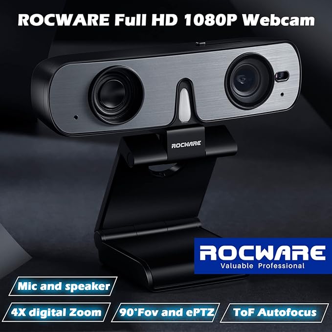 ROCWARE RC08 2K Webcam with Speaker, Webcam for PC, HD Web Cam with Noise Reduction Mic/Harman Speaker/4X Eptz/Privacy Cover/0.2S Auto-Focus/Low Illumination, Computer Camera for Zoom/Teams/Meeting