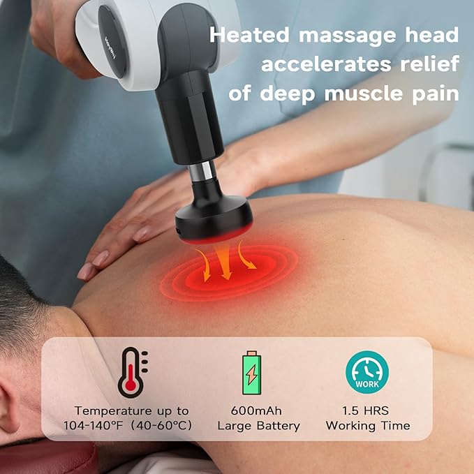 Deep Tissue Massage Gun with Heat, 12mm Amplitude Percussion Massager for Athletes & Muscle Relief, Professional Handheld Masssger Gun for Neck, Back, Shoulder, Leg, Gift for Men, White