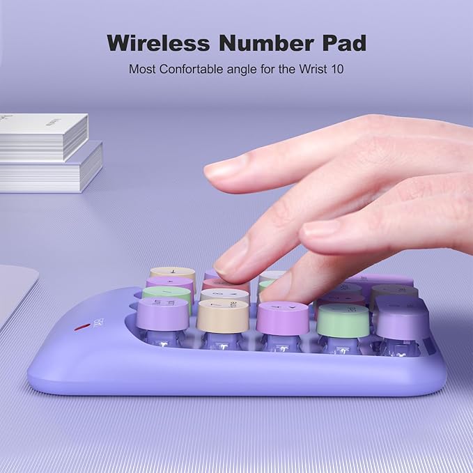 Wireless Number Pads, Cute Colorful Numeric Keypad Numpad Portable 2.4 GHz Financial Accounting Number Keyboard Extensions, 18 Key Number Numpad for Laptop Desktop, PC (Purple)